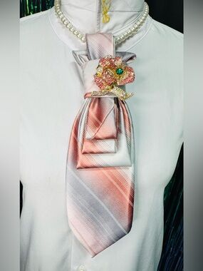 Elegant Pink and Gray Necktie featuring a Pink Floral Brooch